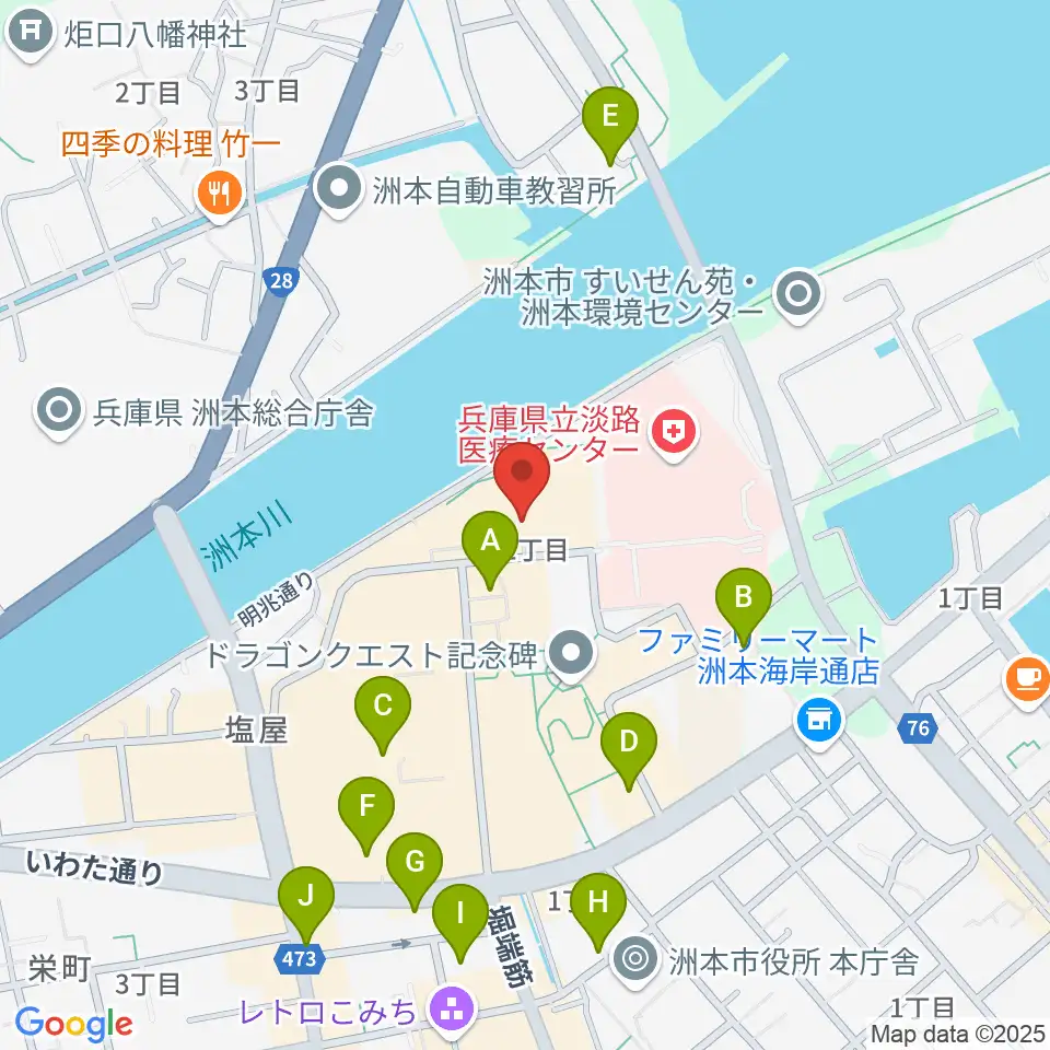 洲本市文化体育館周辺のカフェ一覧地図