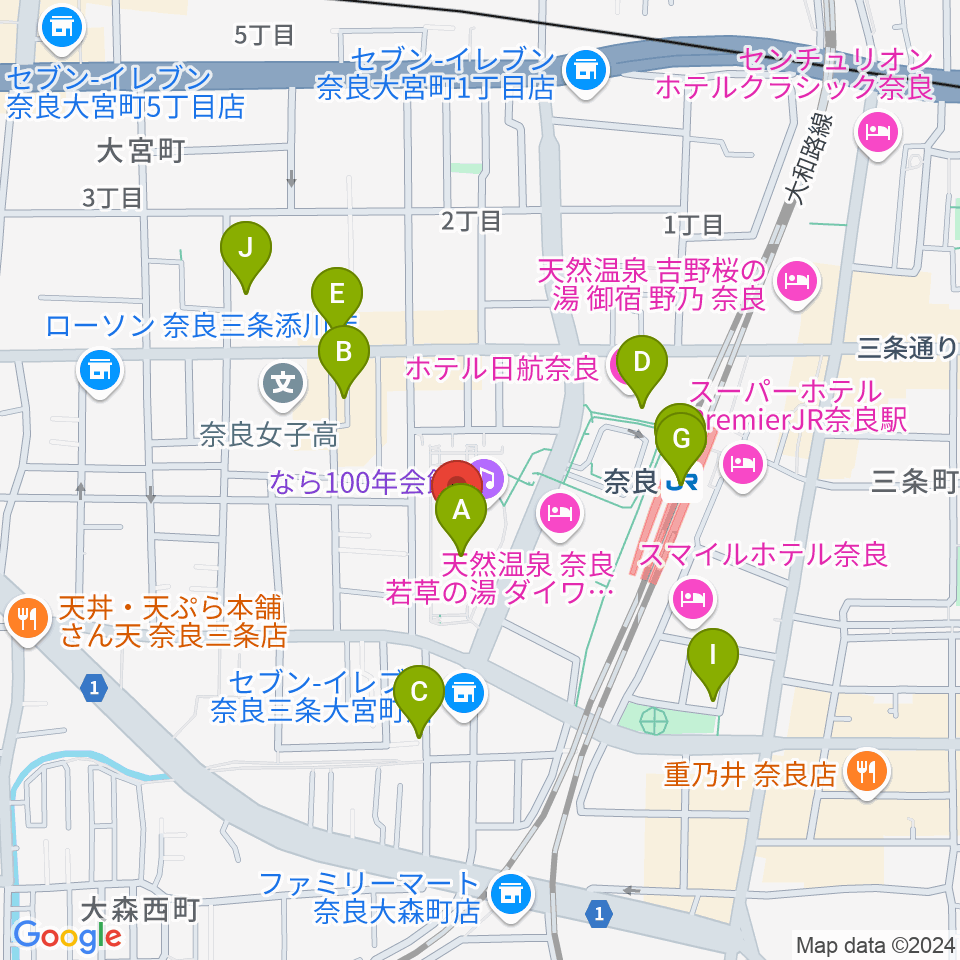 なら100年会館周辺のカフェ一覧地図