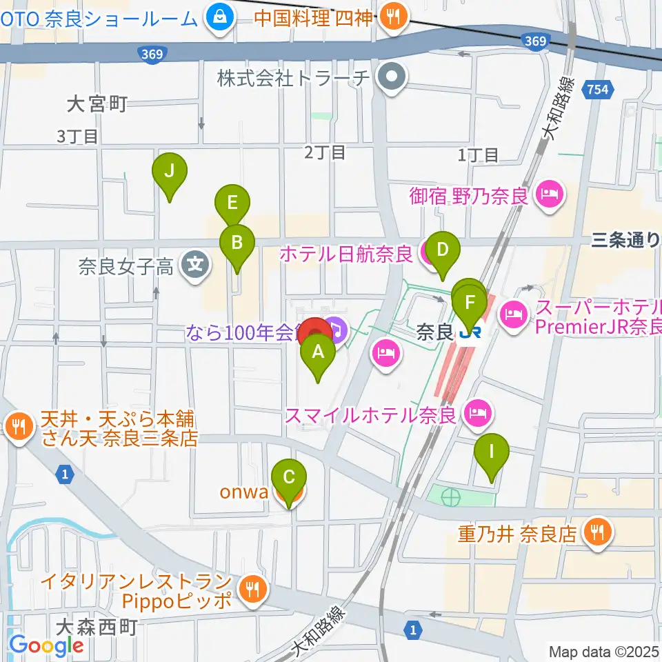 なら100年会館周辺のカフェ一覧地図