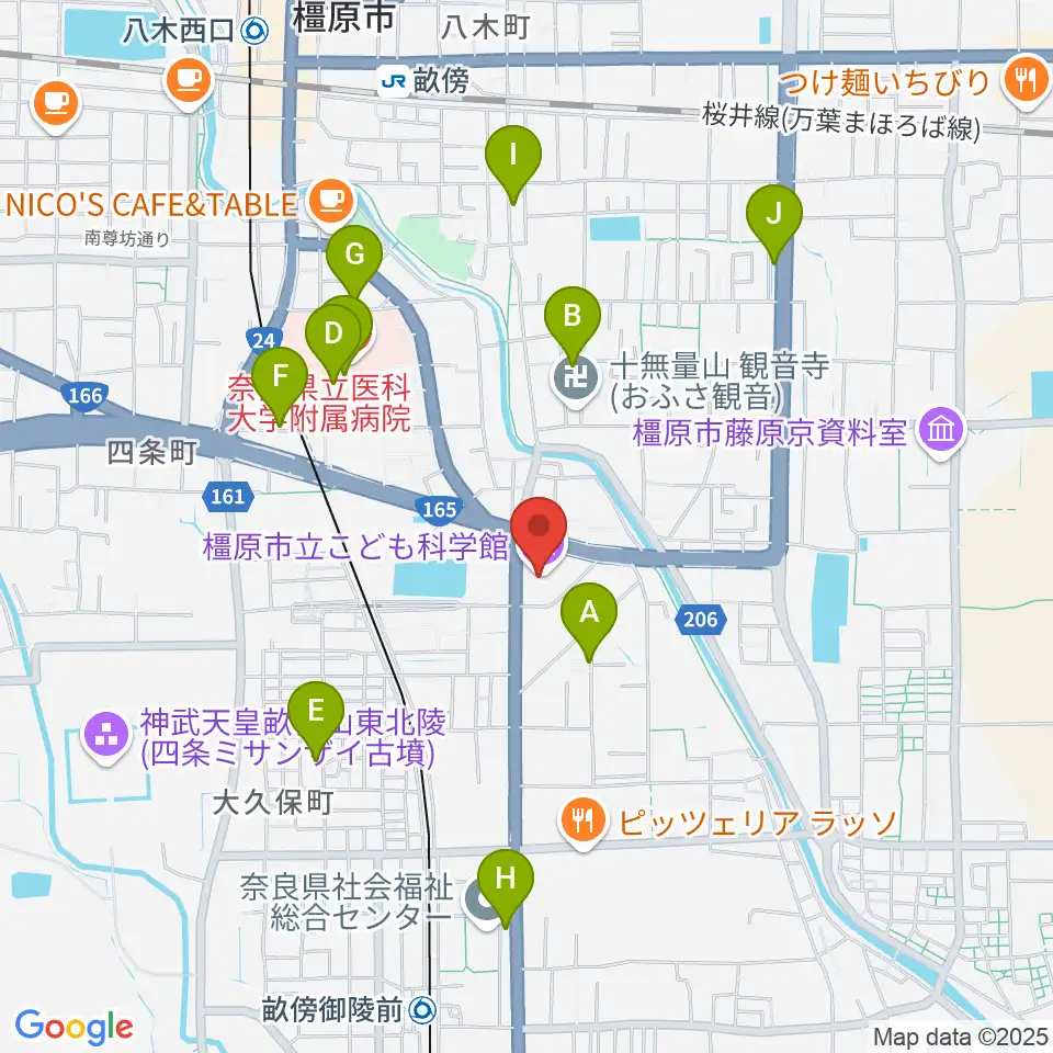 かしはら万葉ホール周辺のカフェ一覧地図