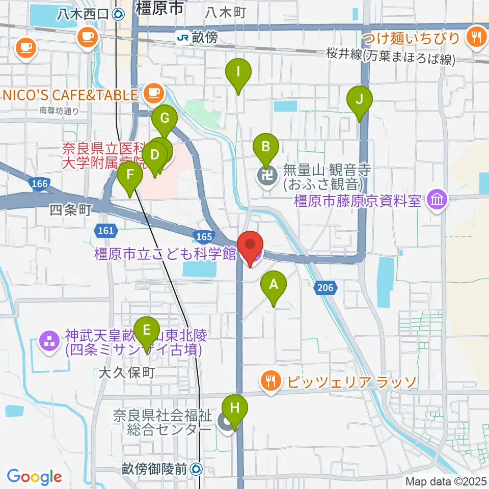 かしはら万葉ホール周辺のカフェ一覧地図