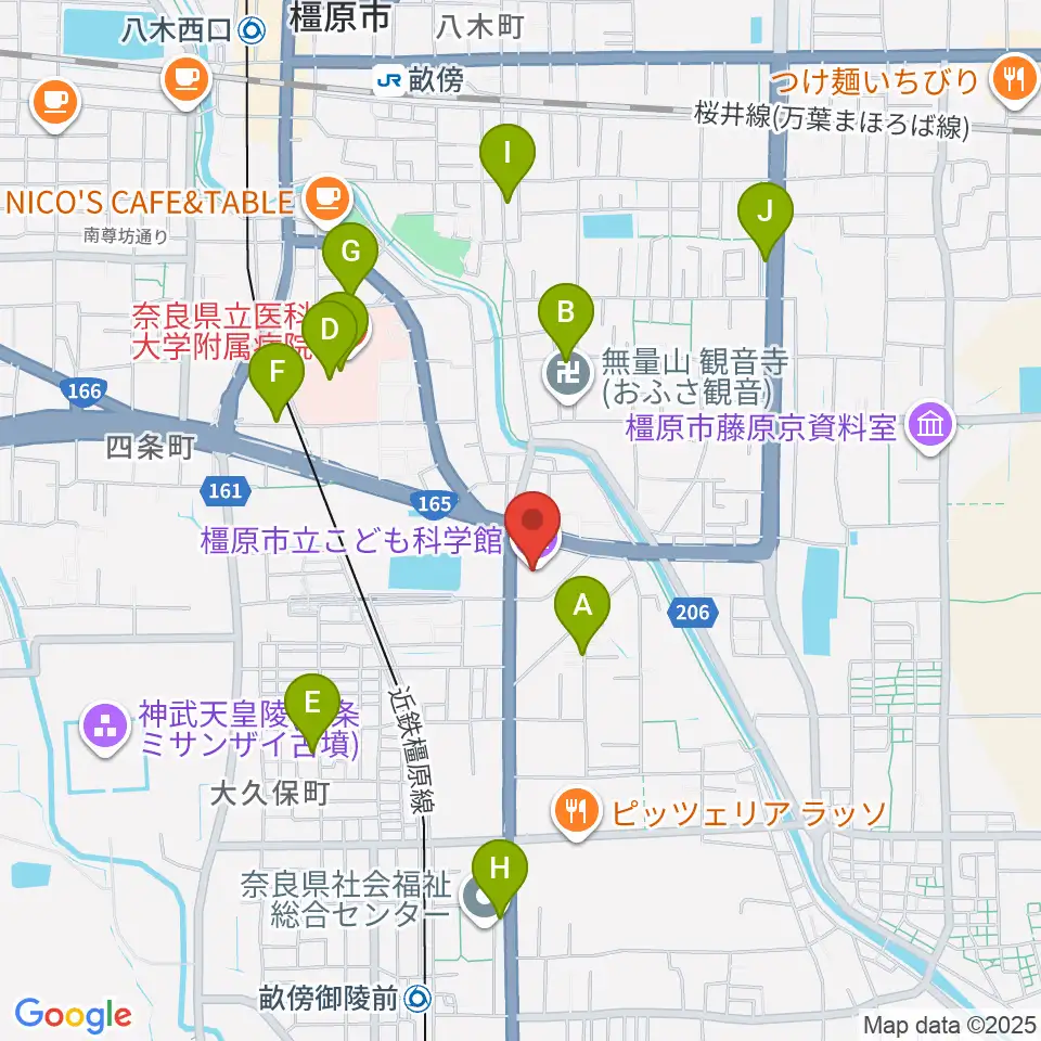 かしはら万葉ホール周辺のカフェ一覧地図