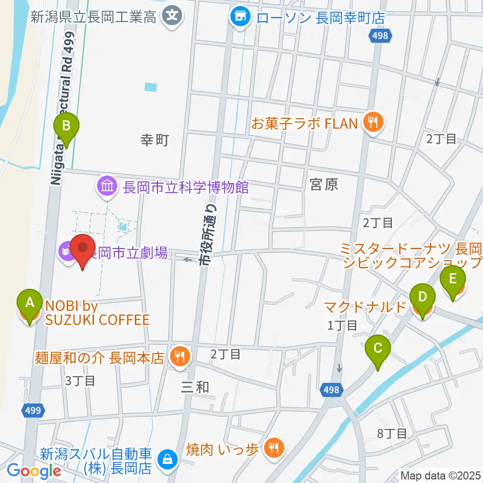 長岡市立劇場周辺のカフェ一覧地図