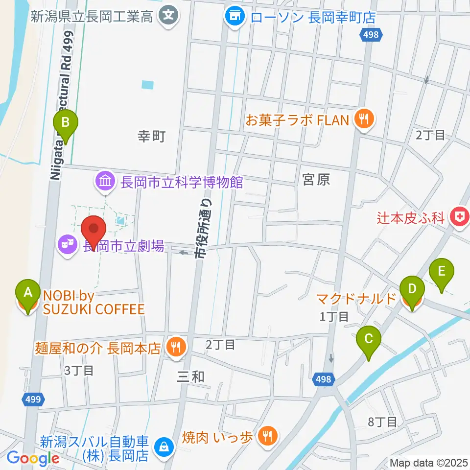 長岡市立劇場周辺のカフェ一覧地図