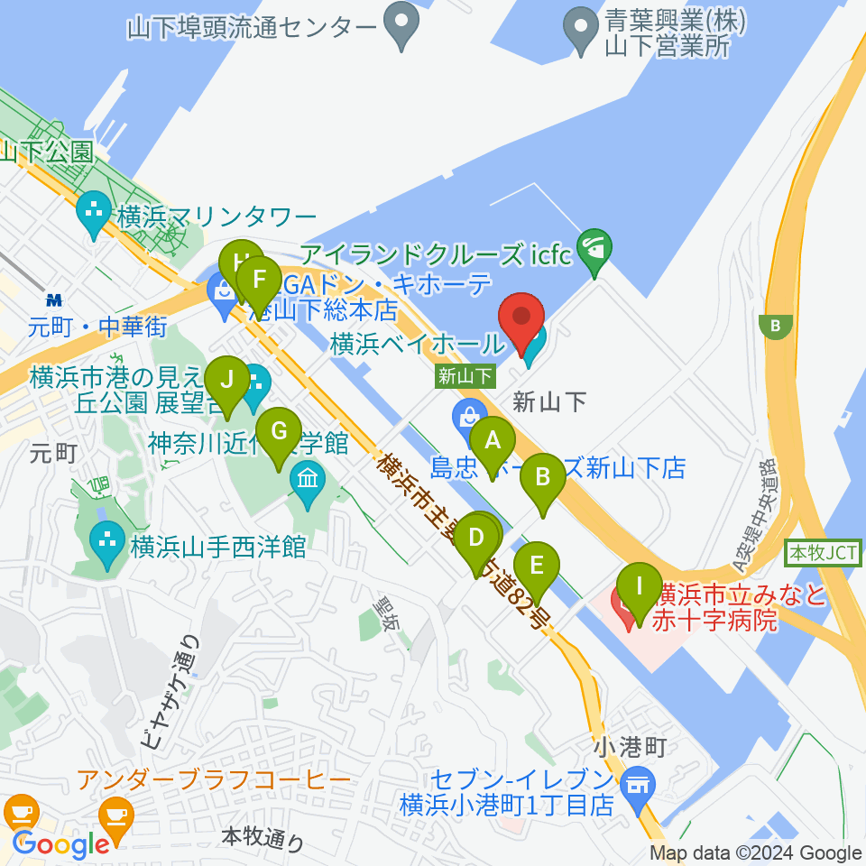 横浜ベイホール周辺のカフェ一覧地図