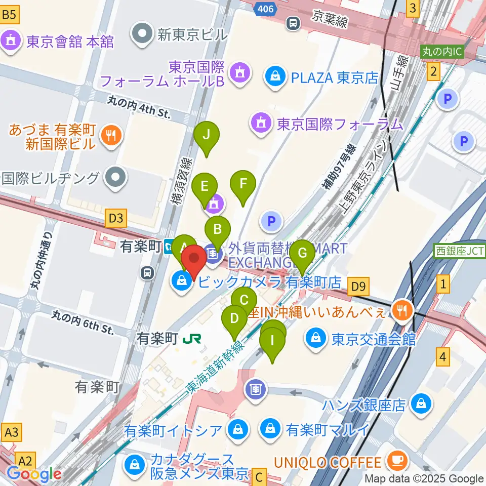 有楽町よみうりホール周辺のカフェ一覧地図