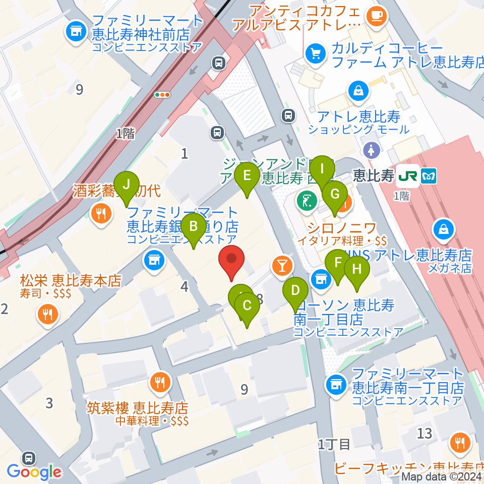 恵比寿JAN KEN PON周辺のカフェ一覧地図