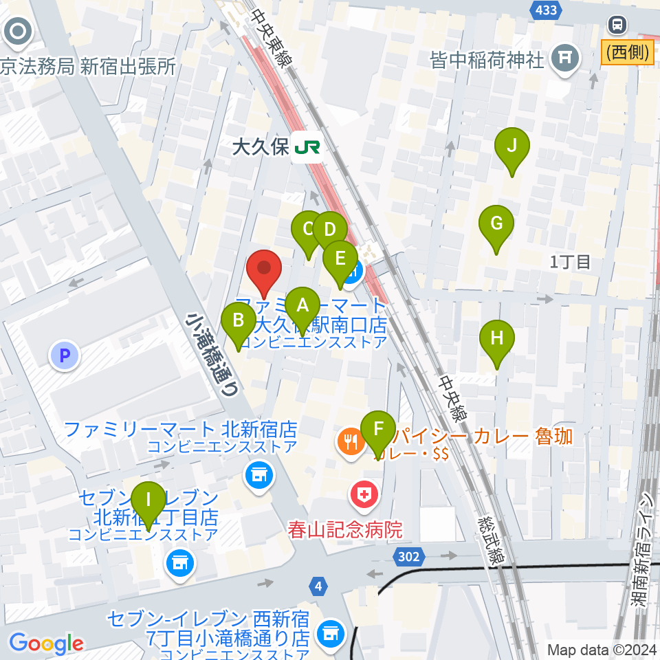 大久保バンプシティー周辺のカフェ一覧地図