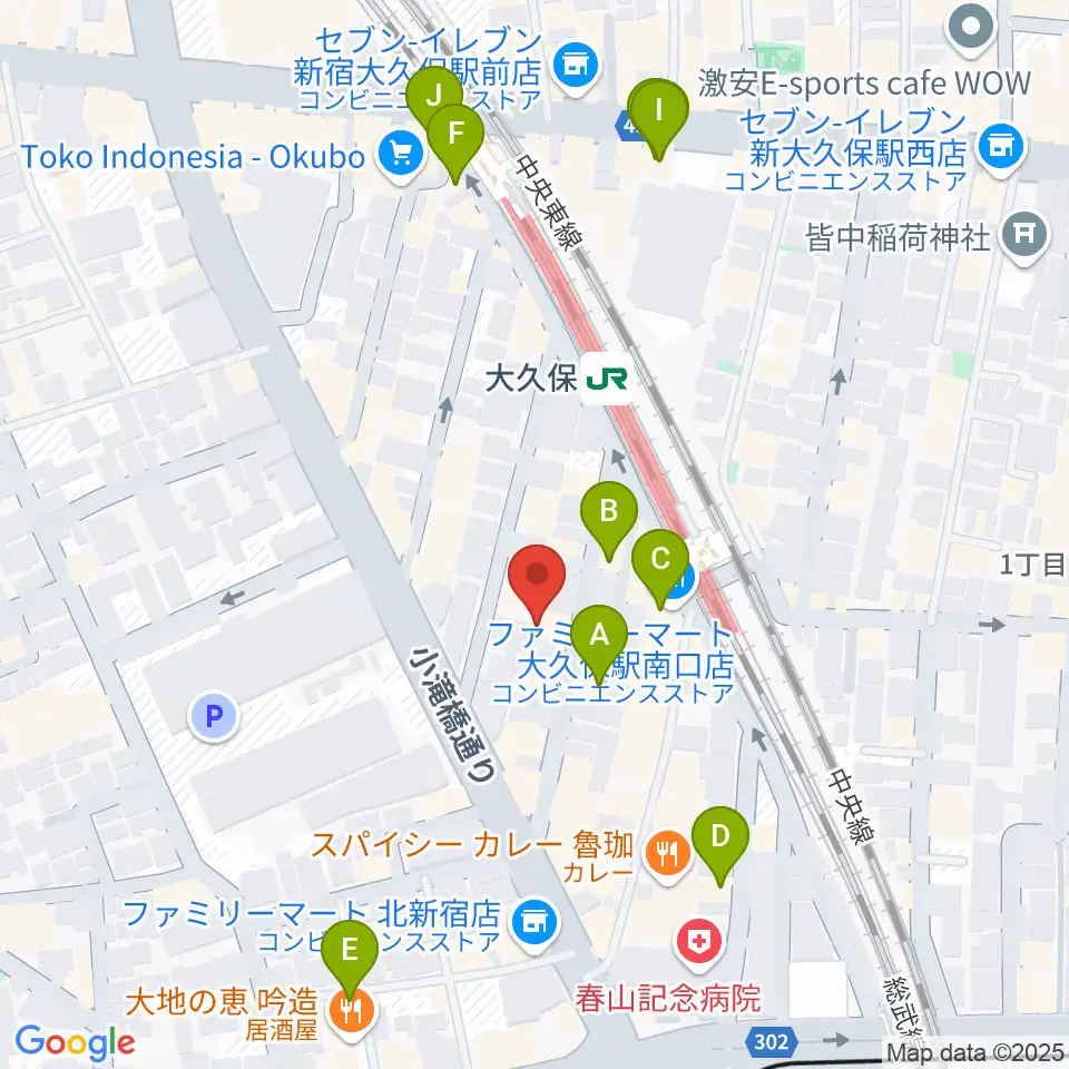 大久保バンプシティー周辺のカフェ一覧地図