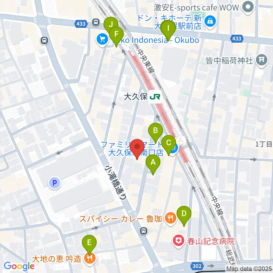 大久保バンプシティー周辺のカフェ一覧地図