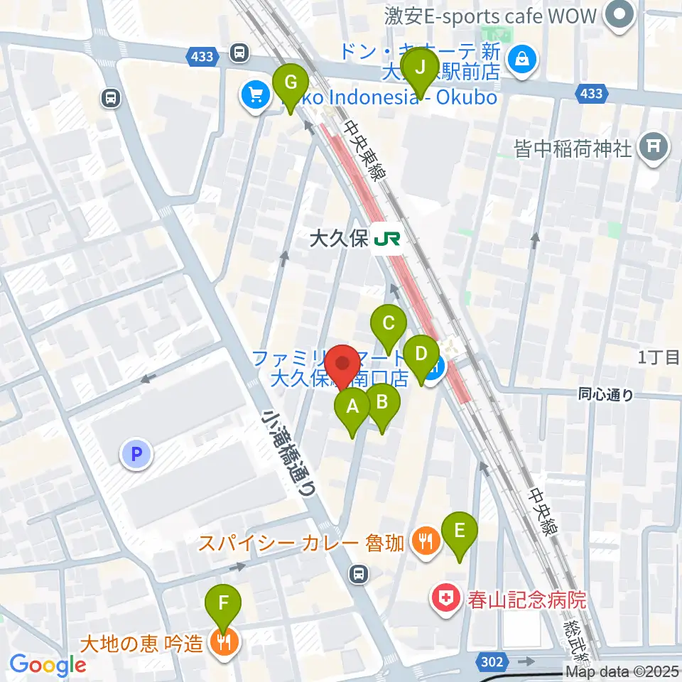 大久保バンプシティー周辺のカフェ一覧地図
