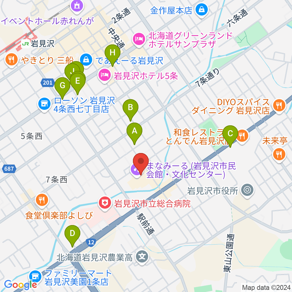 まなみーる 岩見沢市民会館・文化センター周辺のカフェ一覧地図