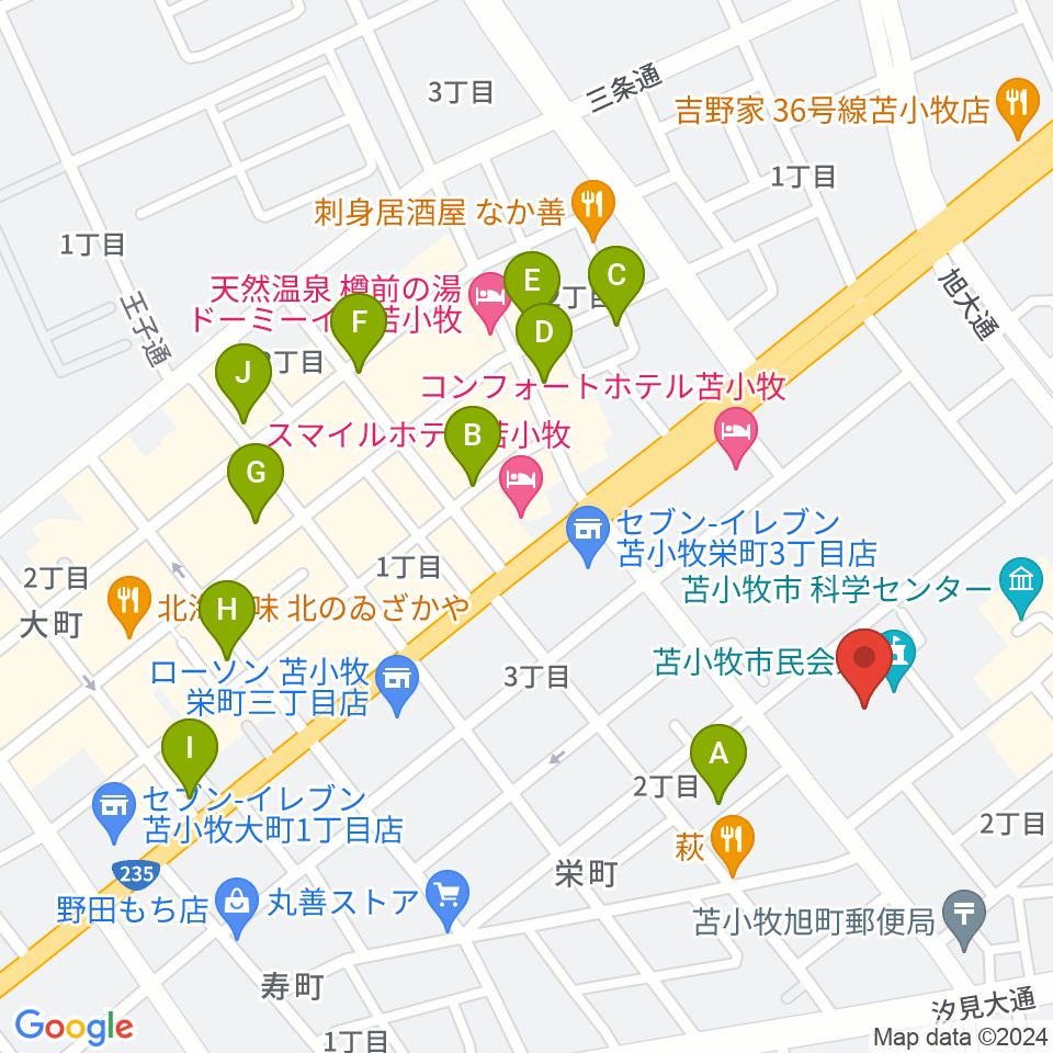 苫小牧市民会館周辺のカフェ一覧地図