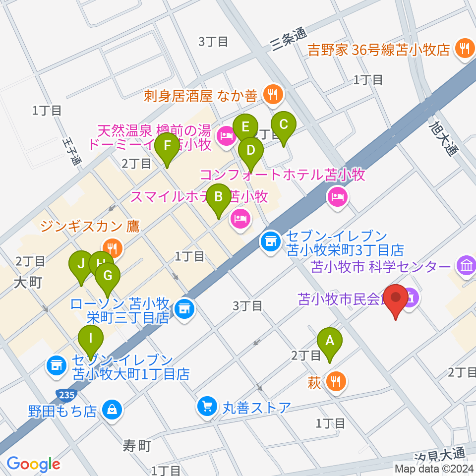 苫小牧市民会館周辺のカフェ一覧地図