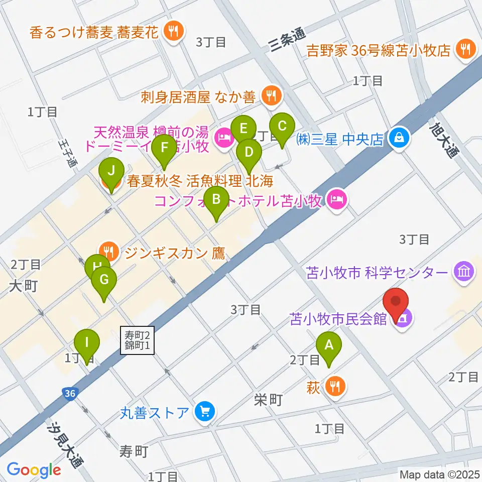 苫小牧市民会館周辺のカフェ一覧地図