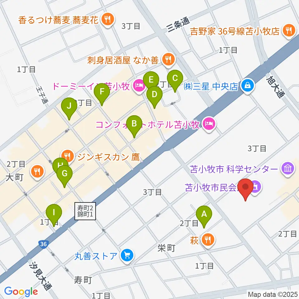 苫小牧市民会館周辺のカフェ一覧地図