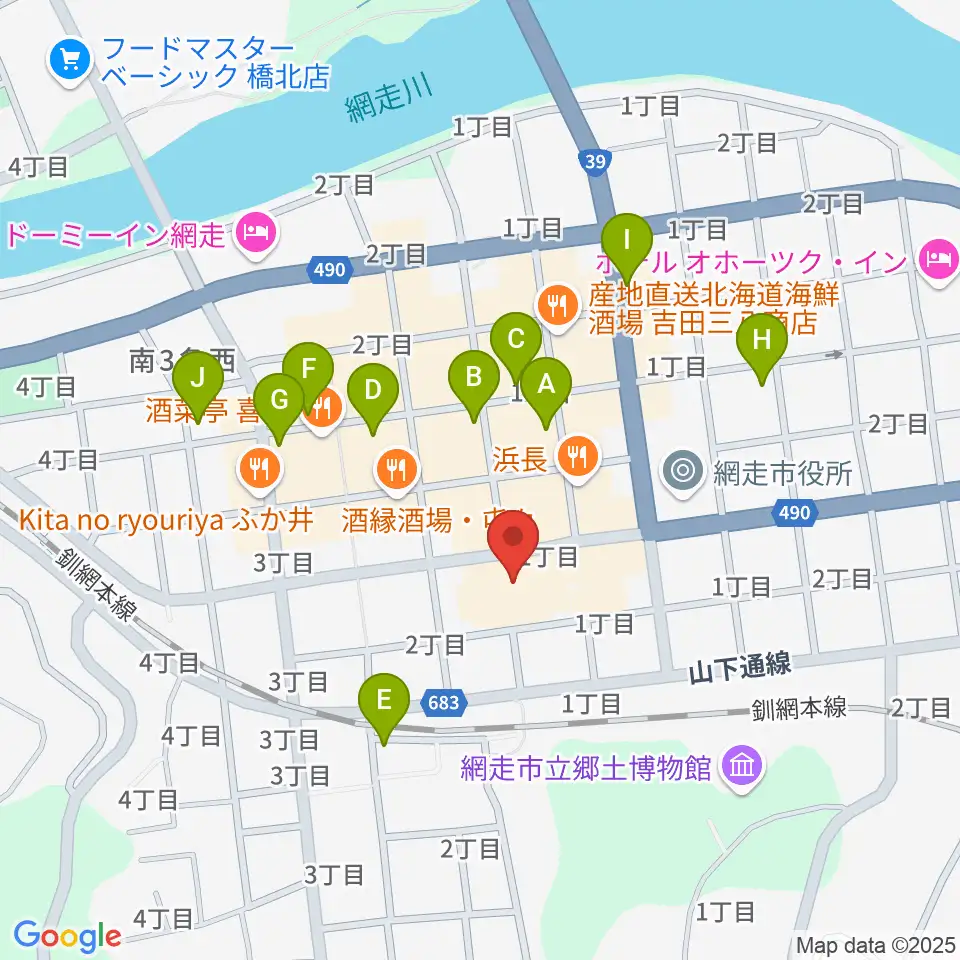 網走市民会館周辺のカフェ一覧地図