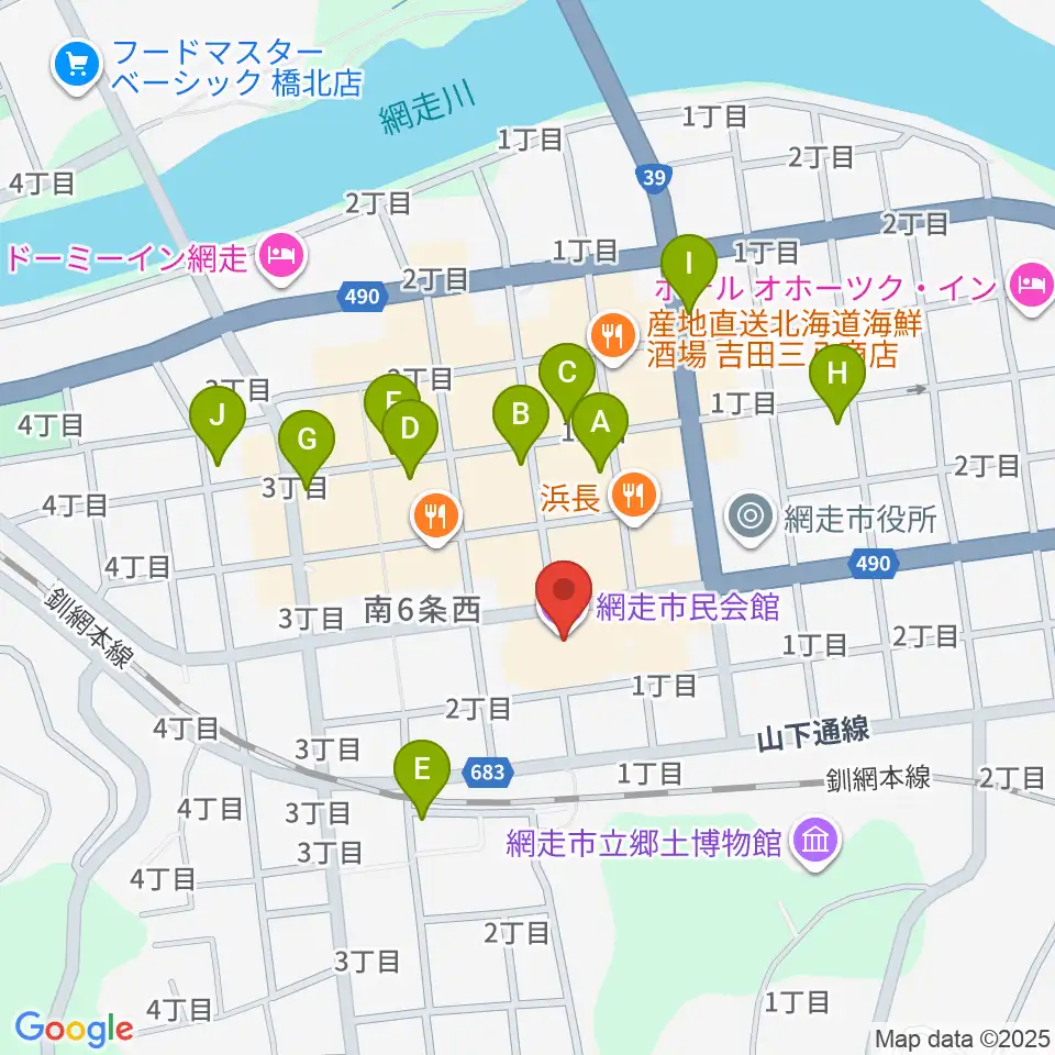 網走市民会館周辺のカフェ一覧地図