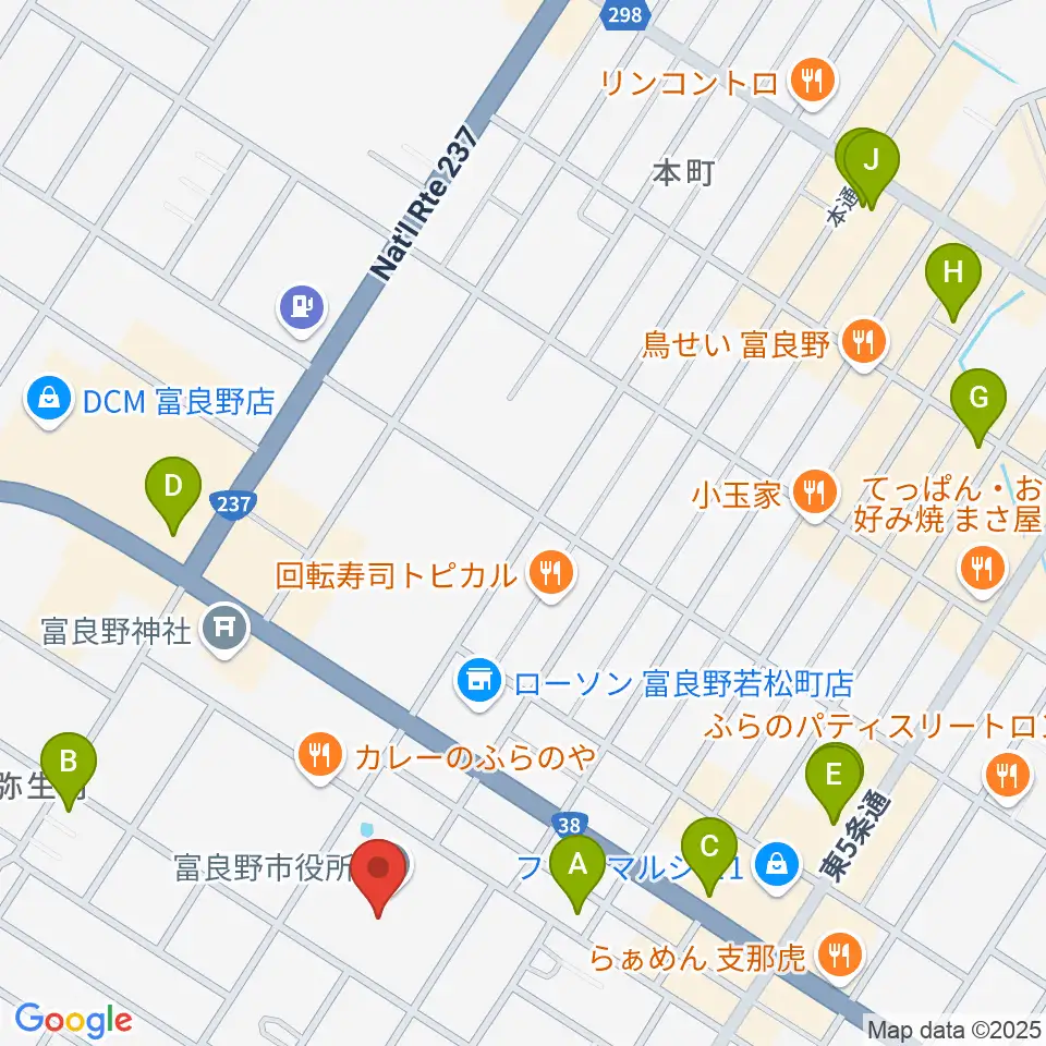 富良野文化会館サンエーホール周辺のカフェ一覧地図
