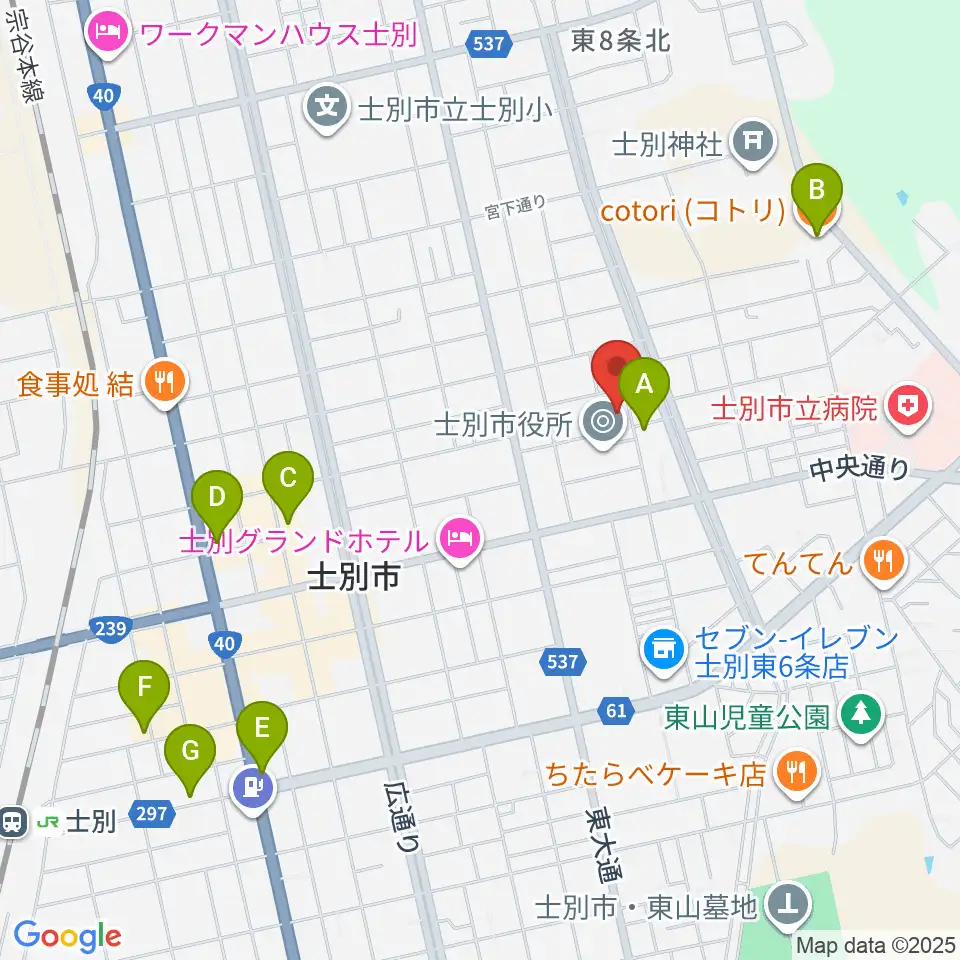 士別市民文化センター周辺のカフェ一覧地図