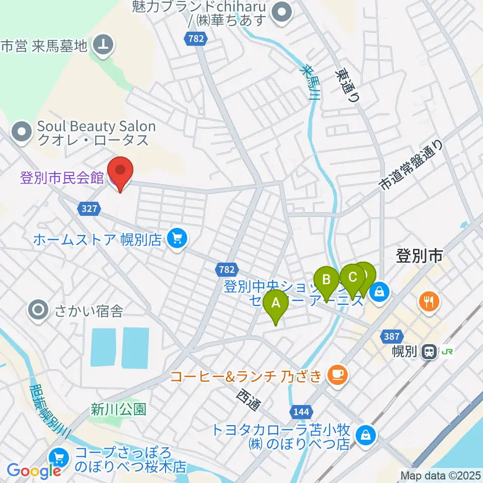 登別市民会館周辺のカフェ一覧地図