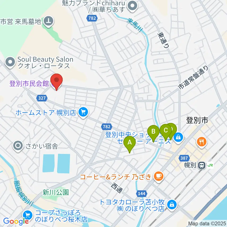 登別市民会館周辺のカフェ一覧地図