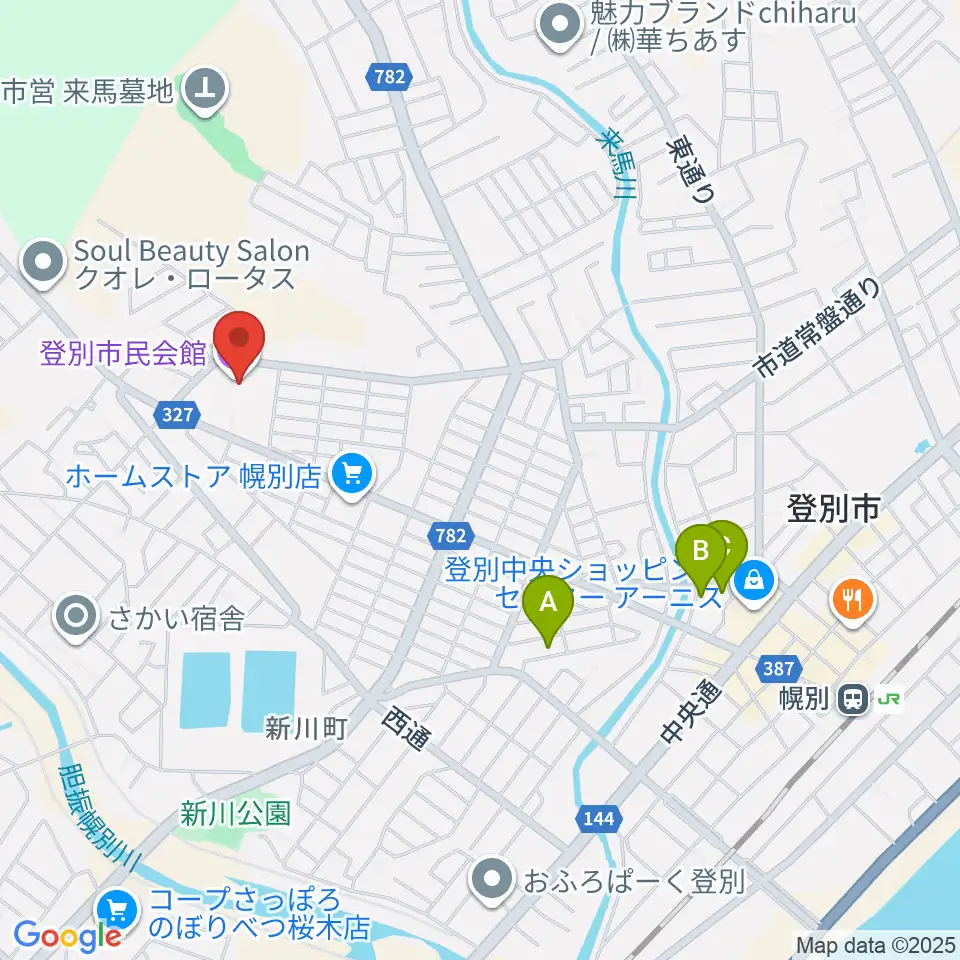 登別市民会館周辺のカフェ一覧地図