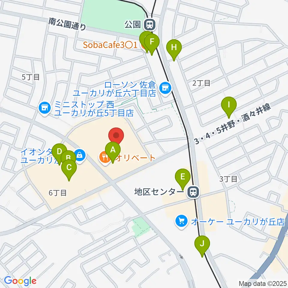 島村楽器 イオンタウンユーカリが丘店周辺のカフェ一覧地図