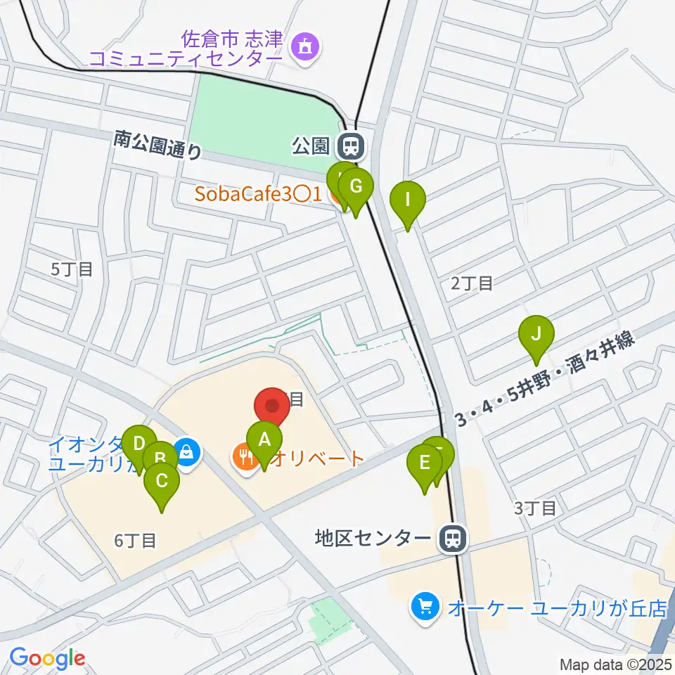 島村楽器 イオンタウンユーカリが丘店周辺のカフェ一覧地図