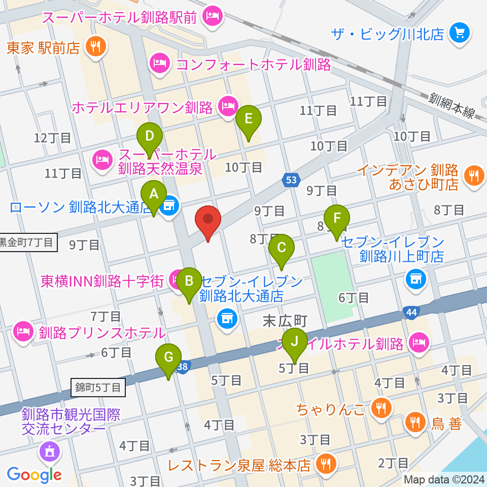 カワイ釧路店周辺のカフェ一覧地図