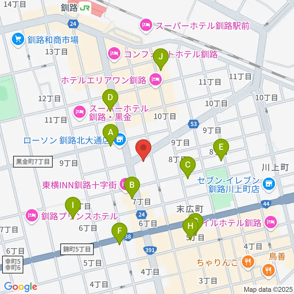 カワイ釧路店周辺のカフェ一覧地図