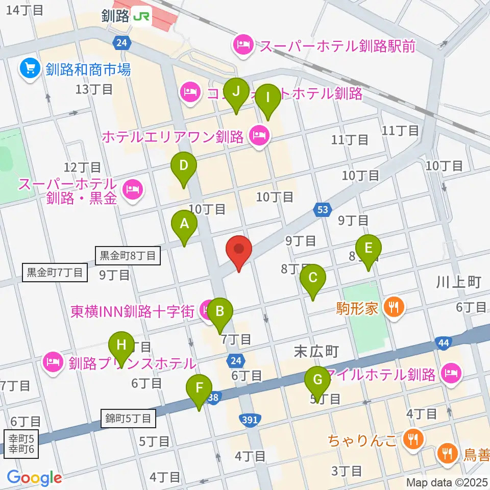 カワイ釧路店周辺のカフェ一覧地図