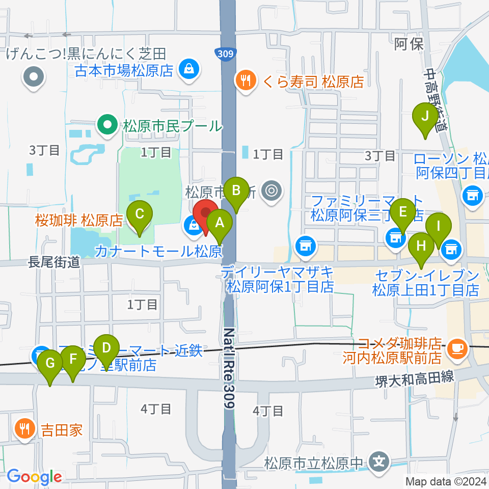 カワイ松原ショップ周辺のカフェ一覧地図