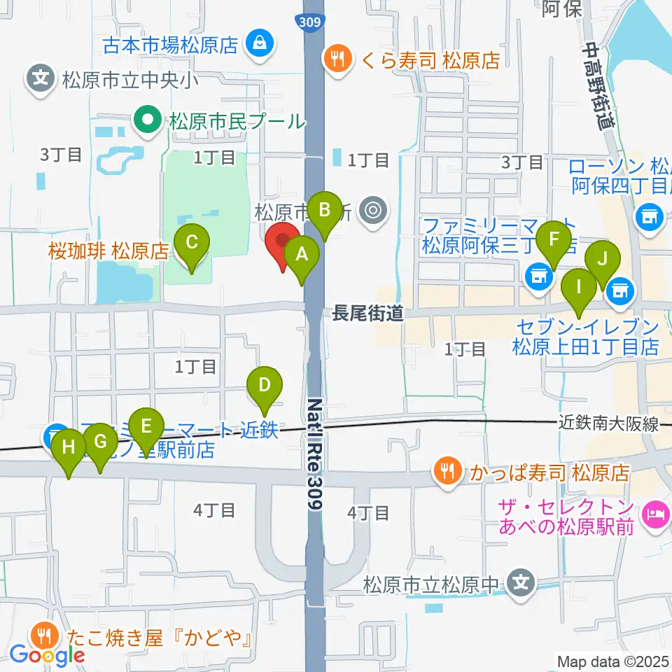 カワイ松原ショップ周辺のカフェ一覧地図