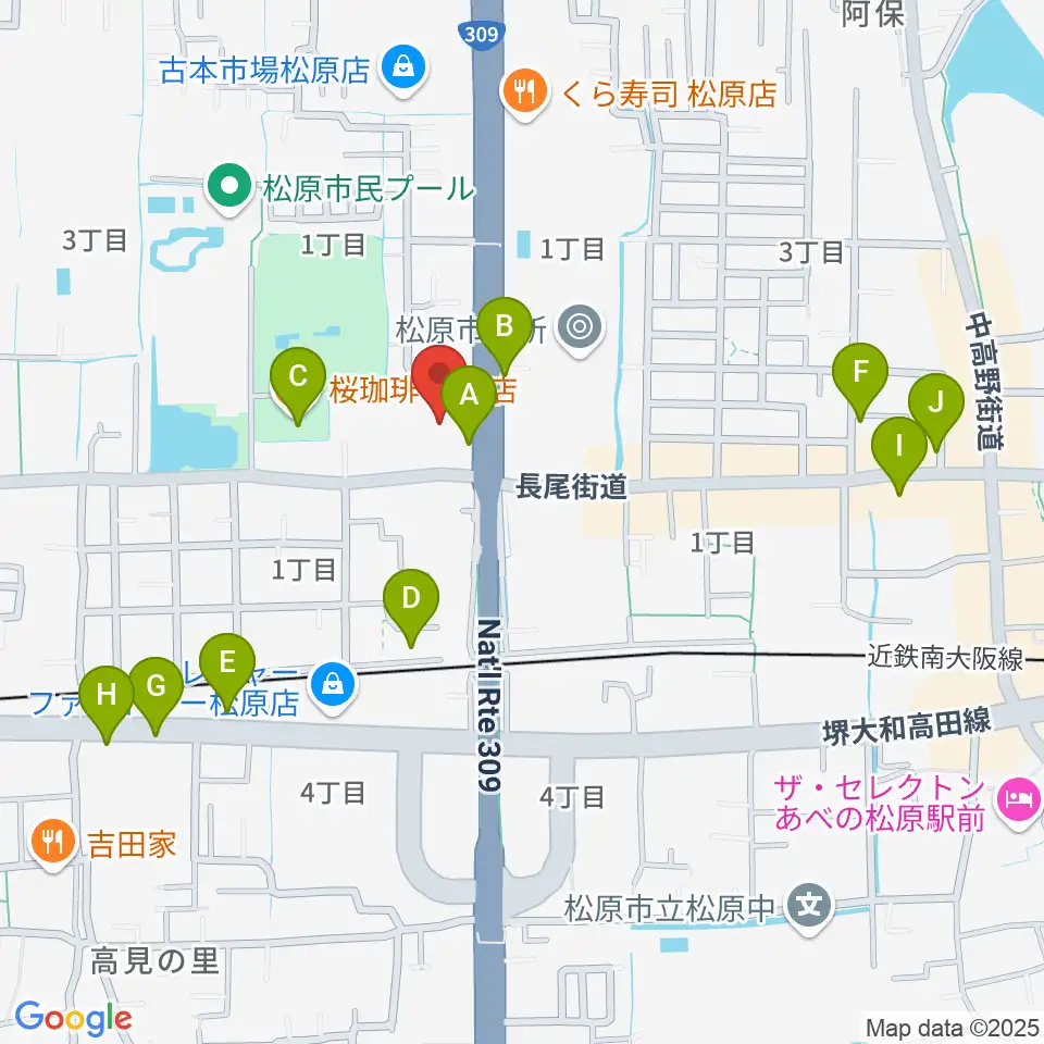 カワイ松原ショップ周辺のカフェ一覧地図