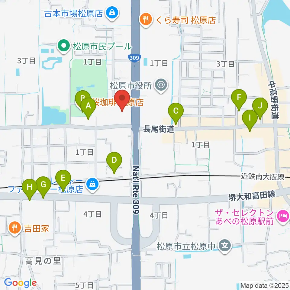 カワイ松原ショップ周辺のカフェ一覧地図