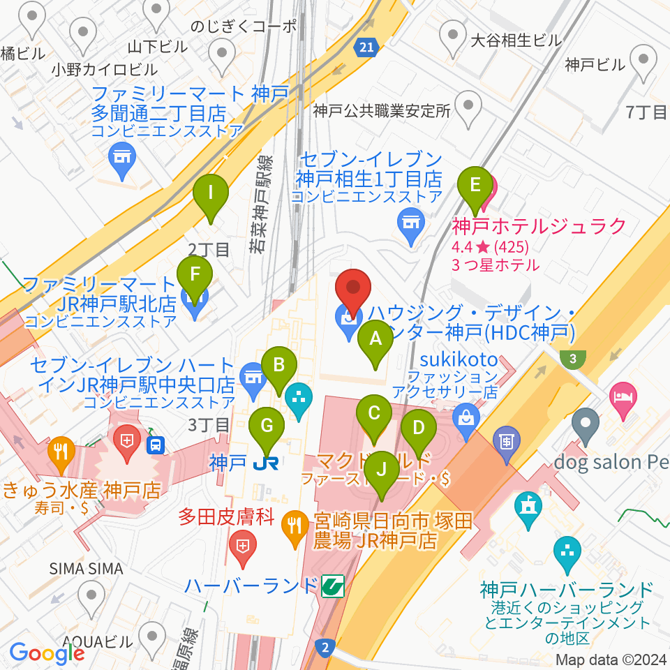 カワイ神戸ショップ周辺のカフェ一覧地図
