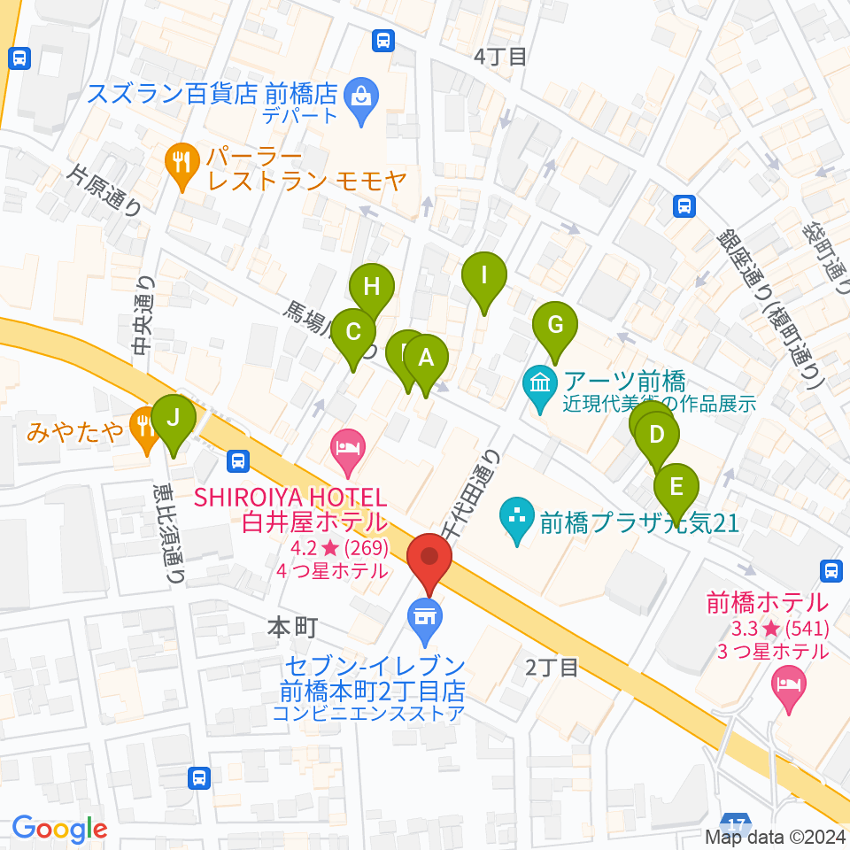 カワイ前橋ショップ周辺のカフェ一覧地図