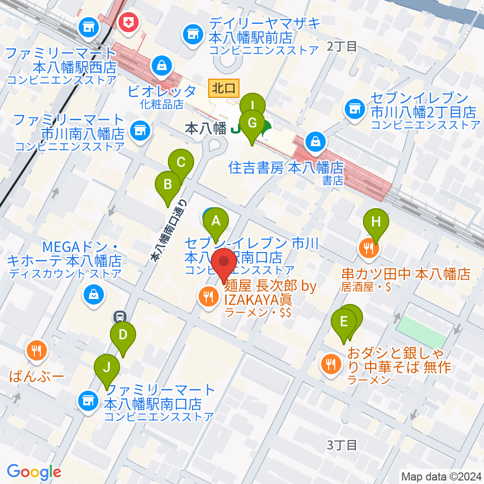 カワイ本八幡店周辺のカフェ一覧地図