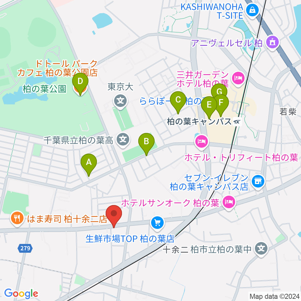 カワイ柏ショップ周辺のカフェ一覧地図