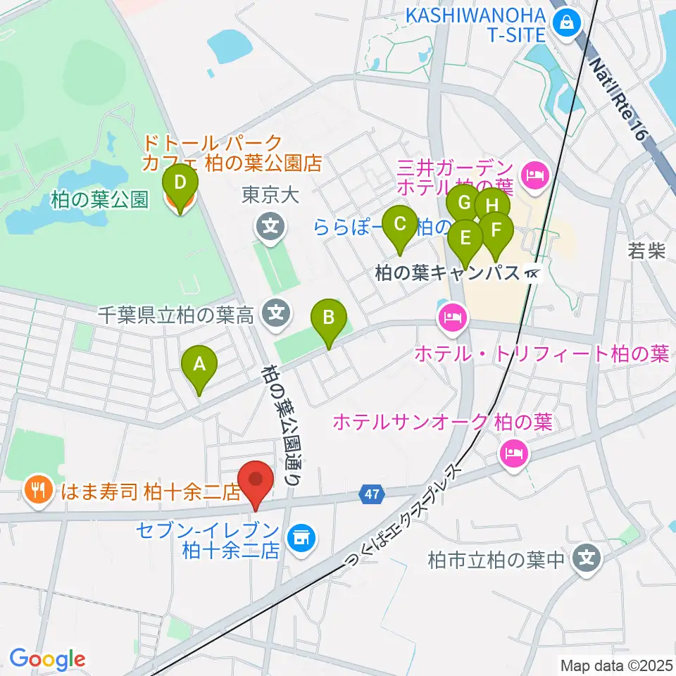 カワイ柏ショップ周辺のカフェ一覧地図