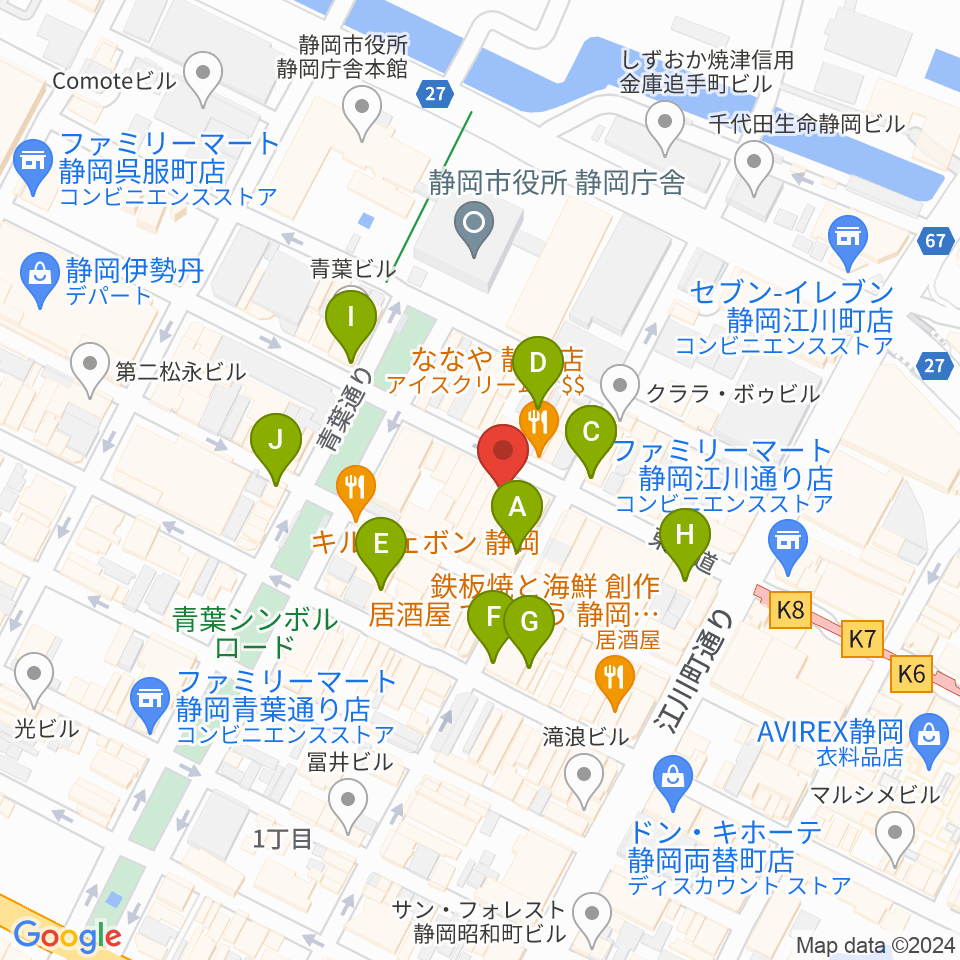 カワイ静岡ショップ周辺のカフェ一覧地図
