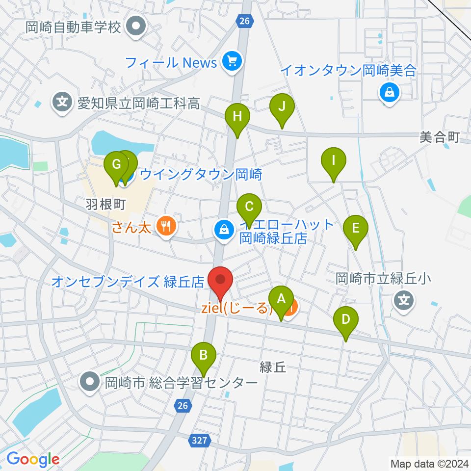 カワイ岡崎ショップ周辺のカフェ一覧地図