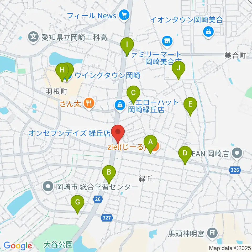 カワイ岡崎ショップ周辺のカフェ一覧地図