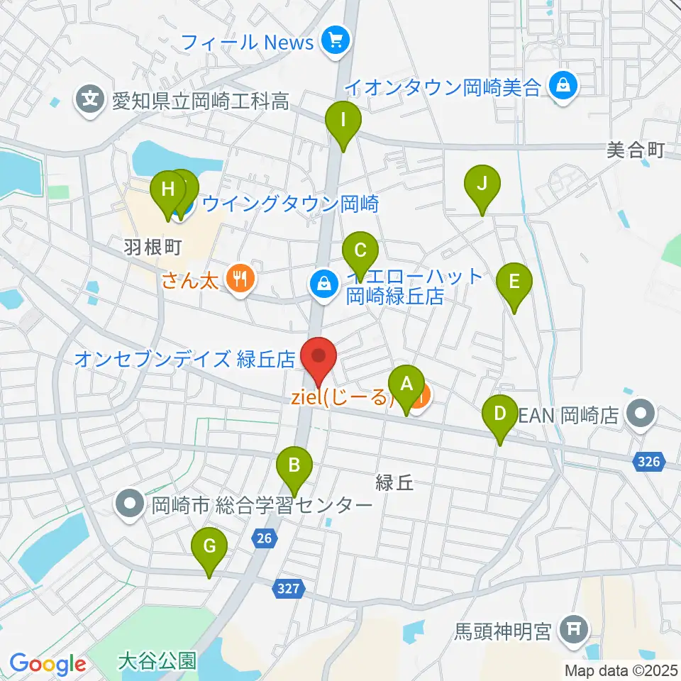 カワイ岡崎ショップ周辺のカフェ一覧地図