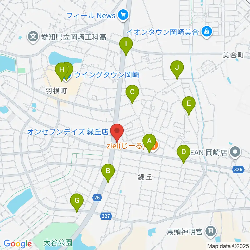 カワイ岡崎ショップ周辺のカフェ一覧地図