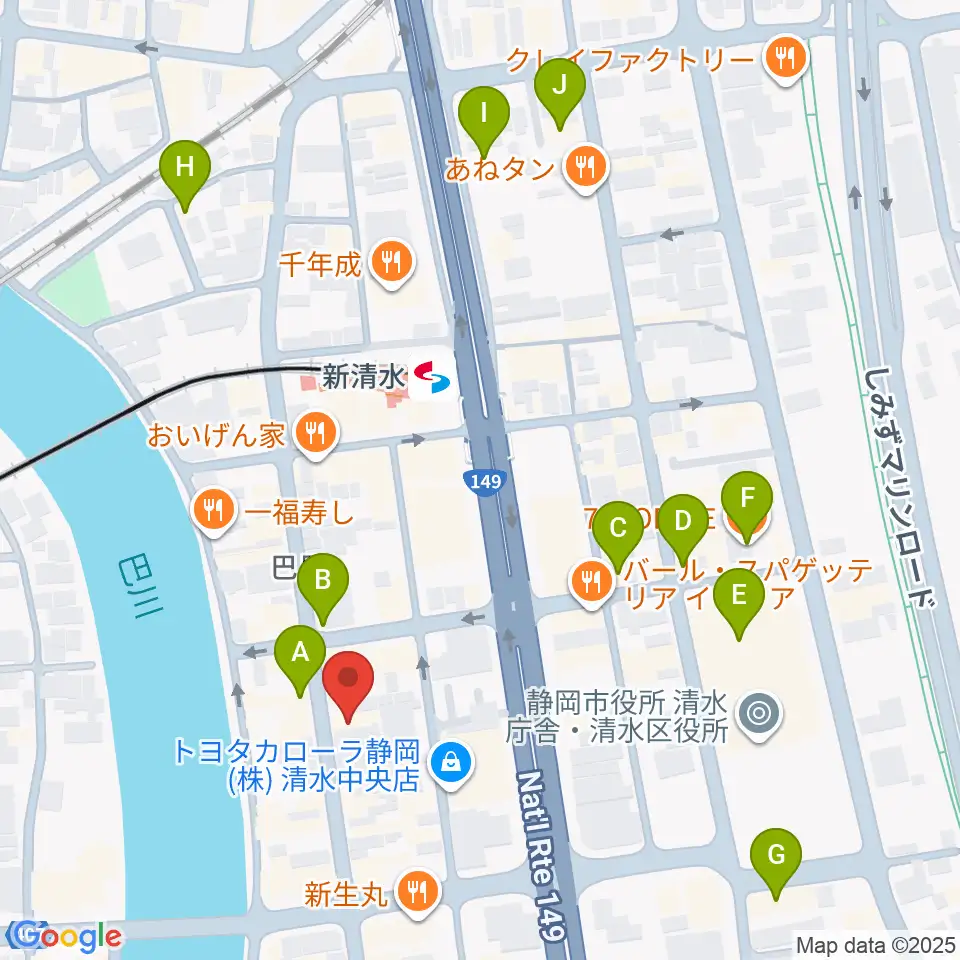 もちづき楽器 清水巴町本店周辺のカフェ一覧地図