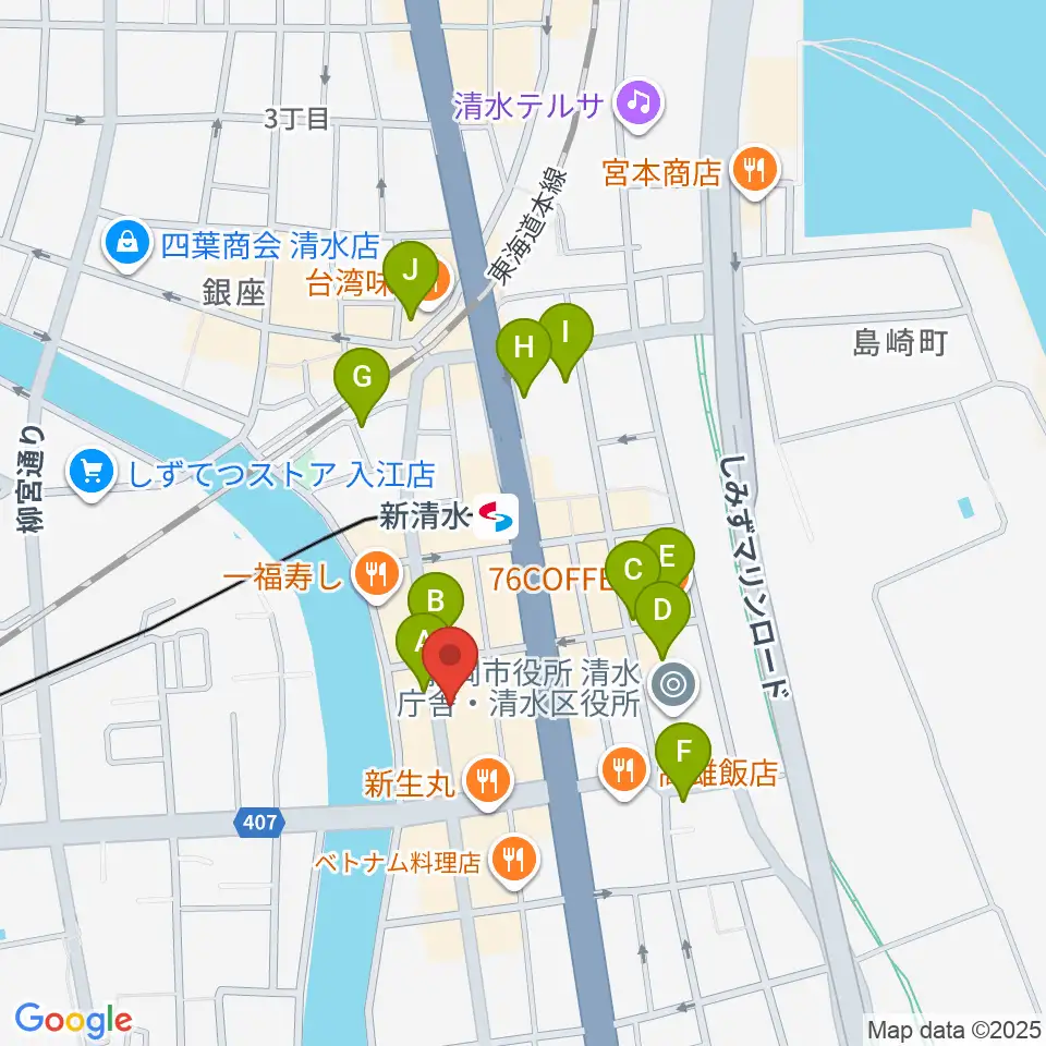 もちづき楽器 清水巴町本店周辺のカフェ一覧地図