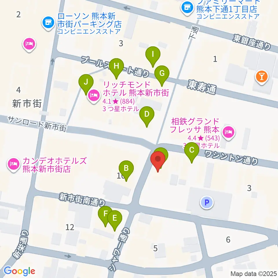 カワイ熊本ショップ周辺のカフェ一覧地図