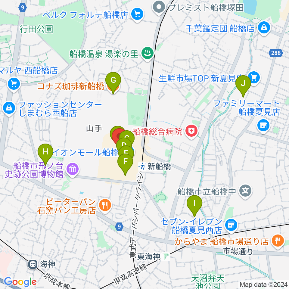 島村楽器イオンモール船橋店周辺のカフェ一覧地図